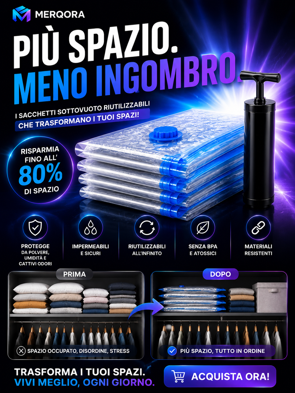 Sacchetti Sottovuoto riutilizzabili Salvaspazio con Pompa – Set da 5