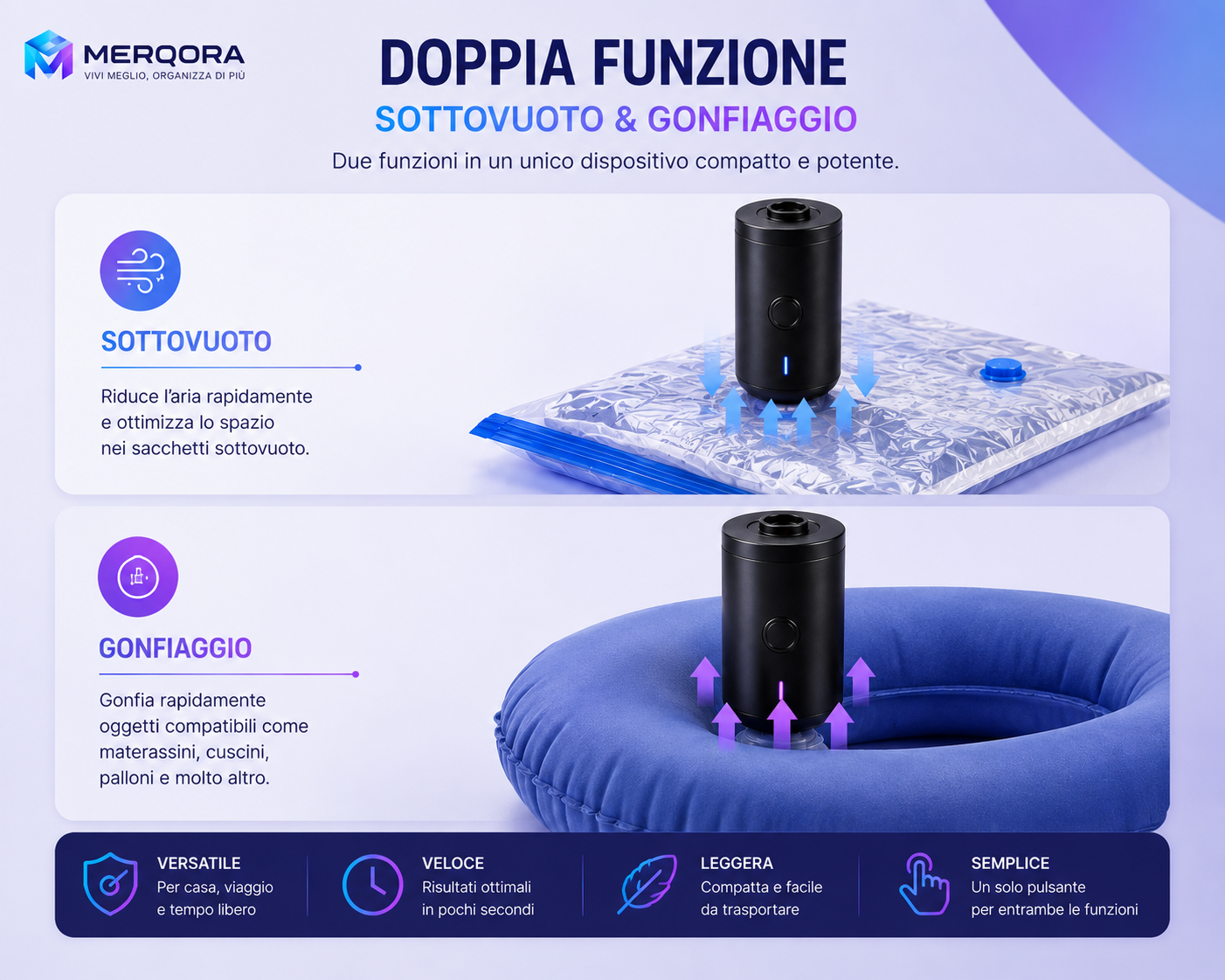 Pompa Elettrica Portatile 2 in 1 – Sottovuoto e Gonfiaggio Multifunzione