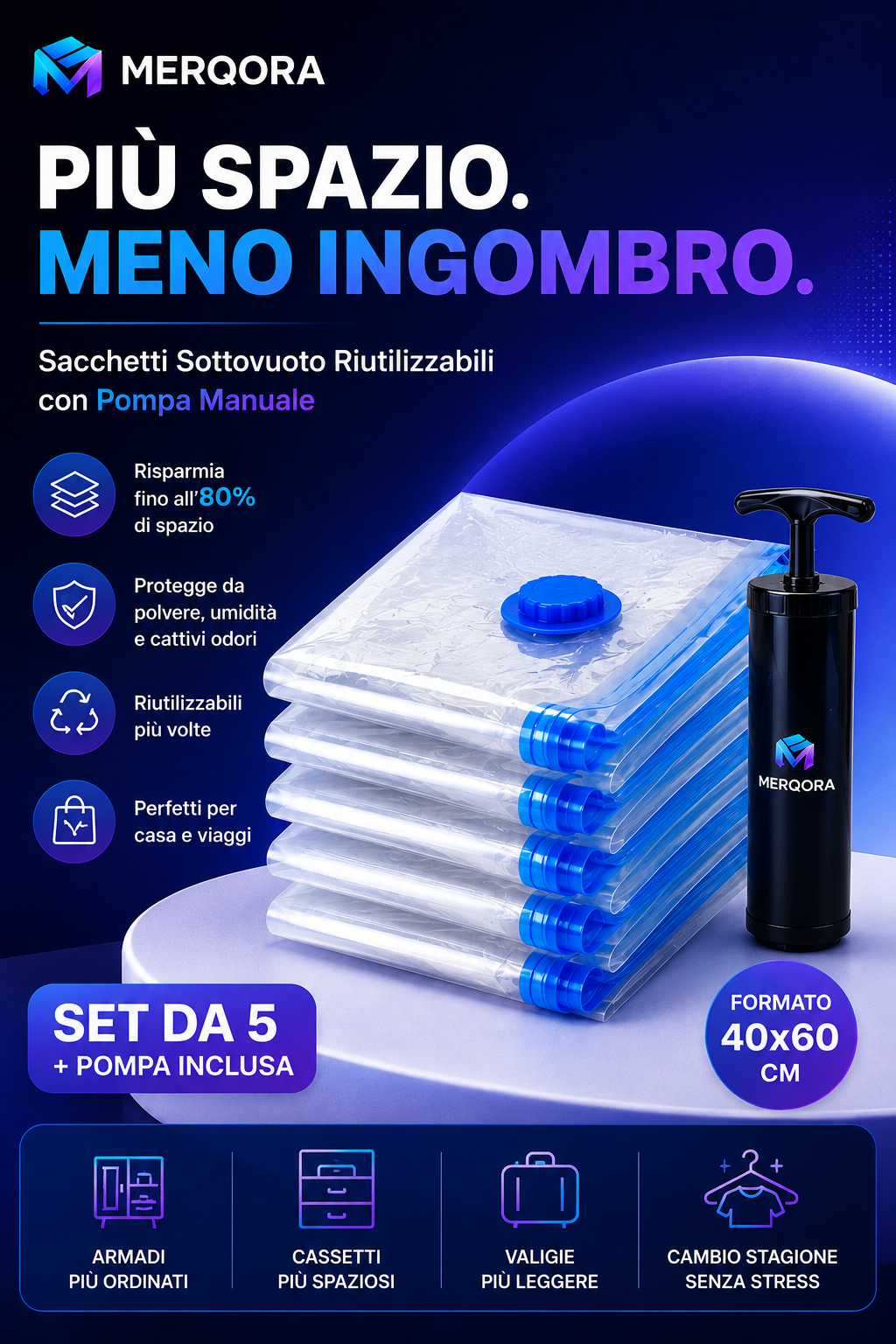 Sacchetti Sottovuoto riutilizzabili Salvaspazio con Pompa – Set da 5